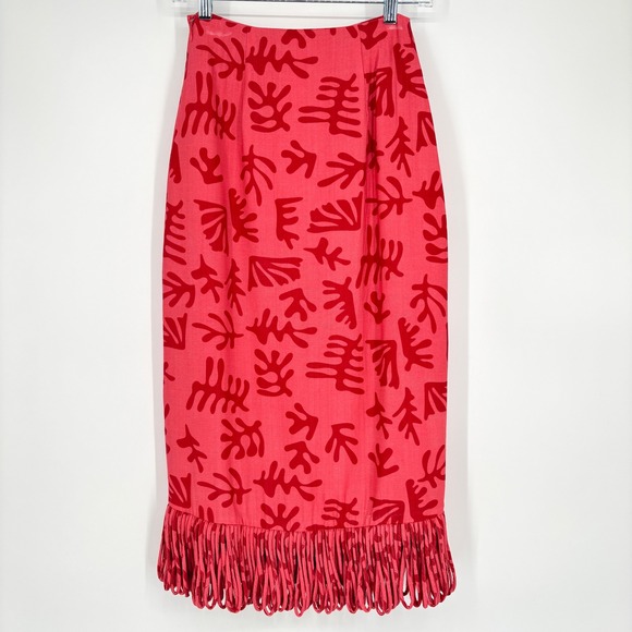 Hyacinth House Cozumel Pink Red Coral Reef Print Fringe Hem Midi Skirt XXS - Picture 6 of 16